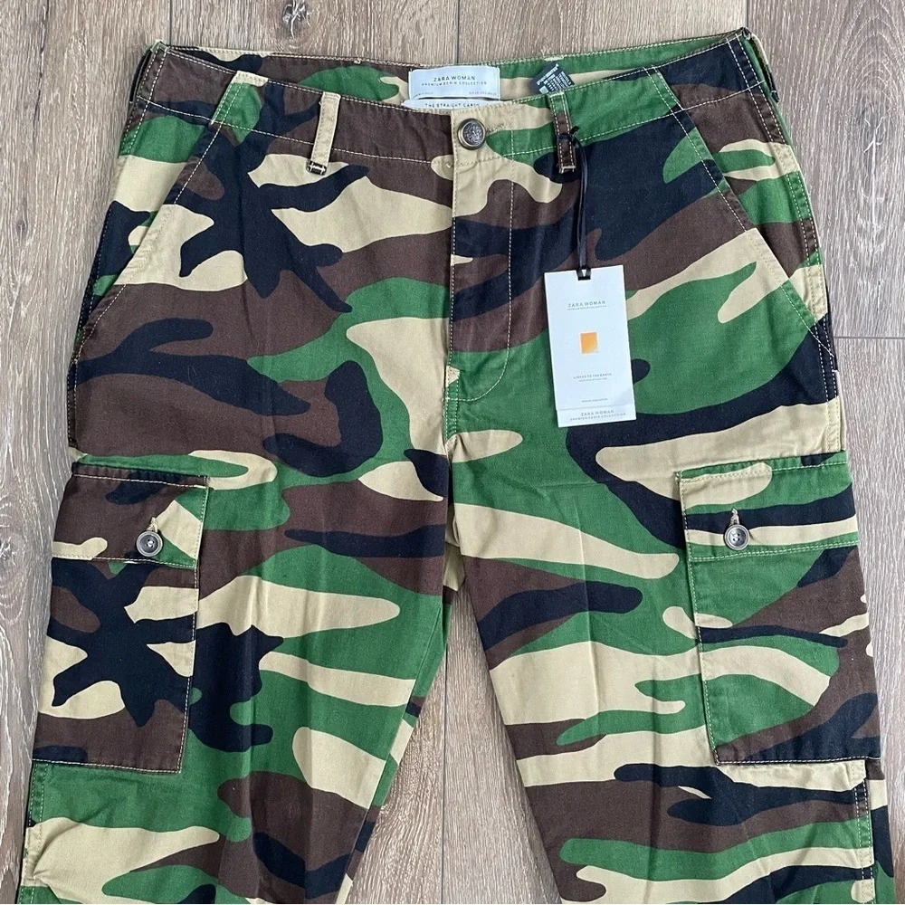 NWT Zara Premium Denim Collection The Straight Cargo camouflage Pants Size 6